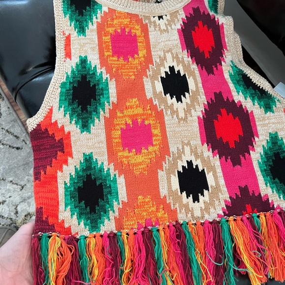 Alice + Olivia size S/ M Reva Aztec Fringe Peplum Knit Tank Top with Tassels - Picture 3 of 5